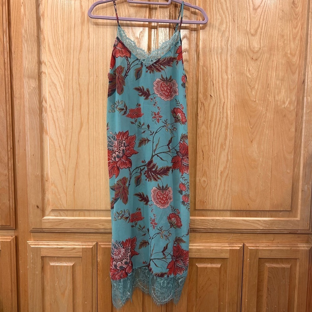 Soft Surroundings Floral Lace Trim Slip Dress XS Aqua Red Cottagecore